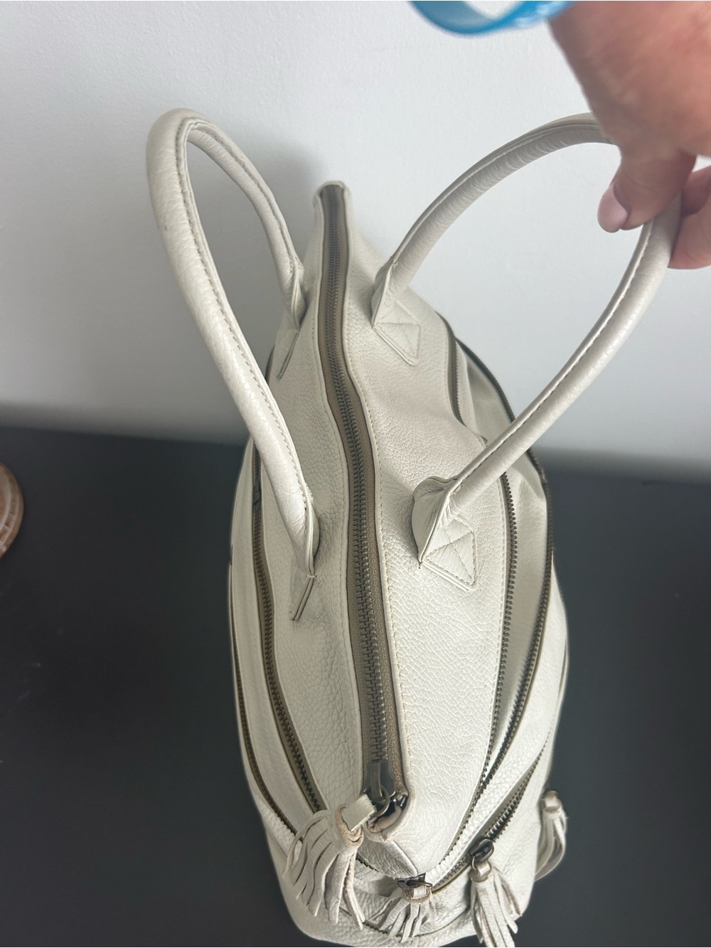 Pallie Bags Cream Pebbled Leather Multi Zip Tote Shoulder Bag Work Laptop - Picture 9 of 13